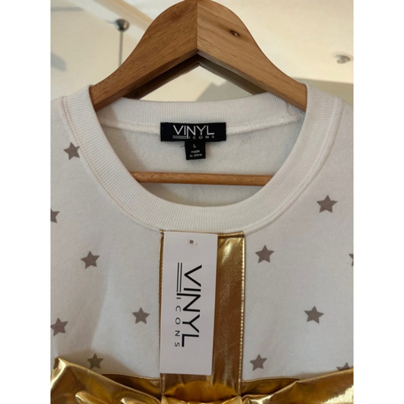 VINYL Holiday Christmas Sweatshirt Women’s Large White Gold Bow Ugly Sweater - Picture 6 of 7